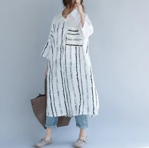2018 white cotton dress plus size clothing dresses women bracelet sleeved patchwork Turn-down Collar striped cotton dresses
