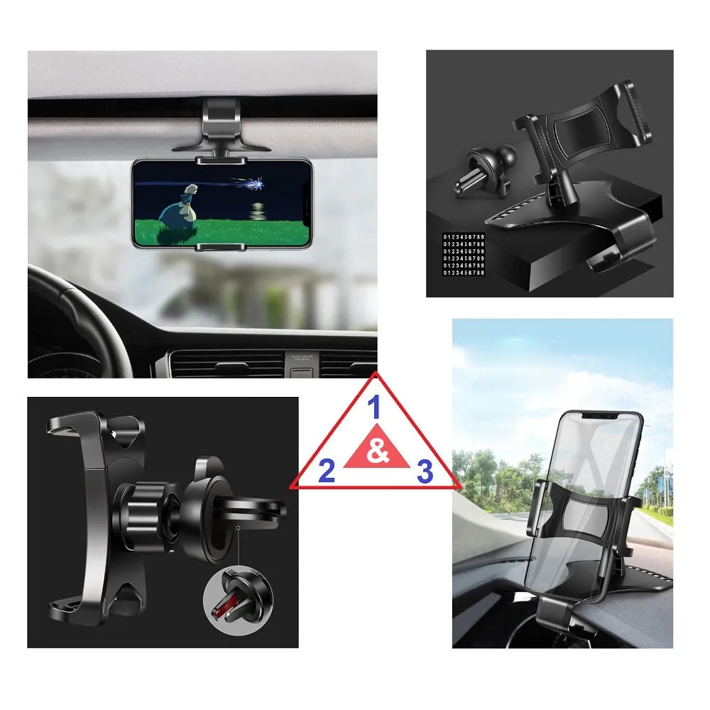 3 in 1 Car GPS Smartphone Holder: Dashboard / Visor Clamp   AC Grid Clip for Sony Xperia Z5-Compact (Sony Suzuran) - Black
