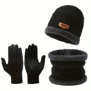 3-Piece Set: Infinity Scarf Autumn Winter, Thickened Warm Knit Beanie and Touchscreen Gloves Neck Gaiter