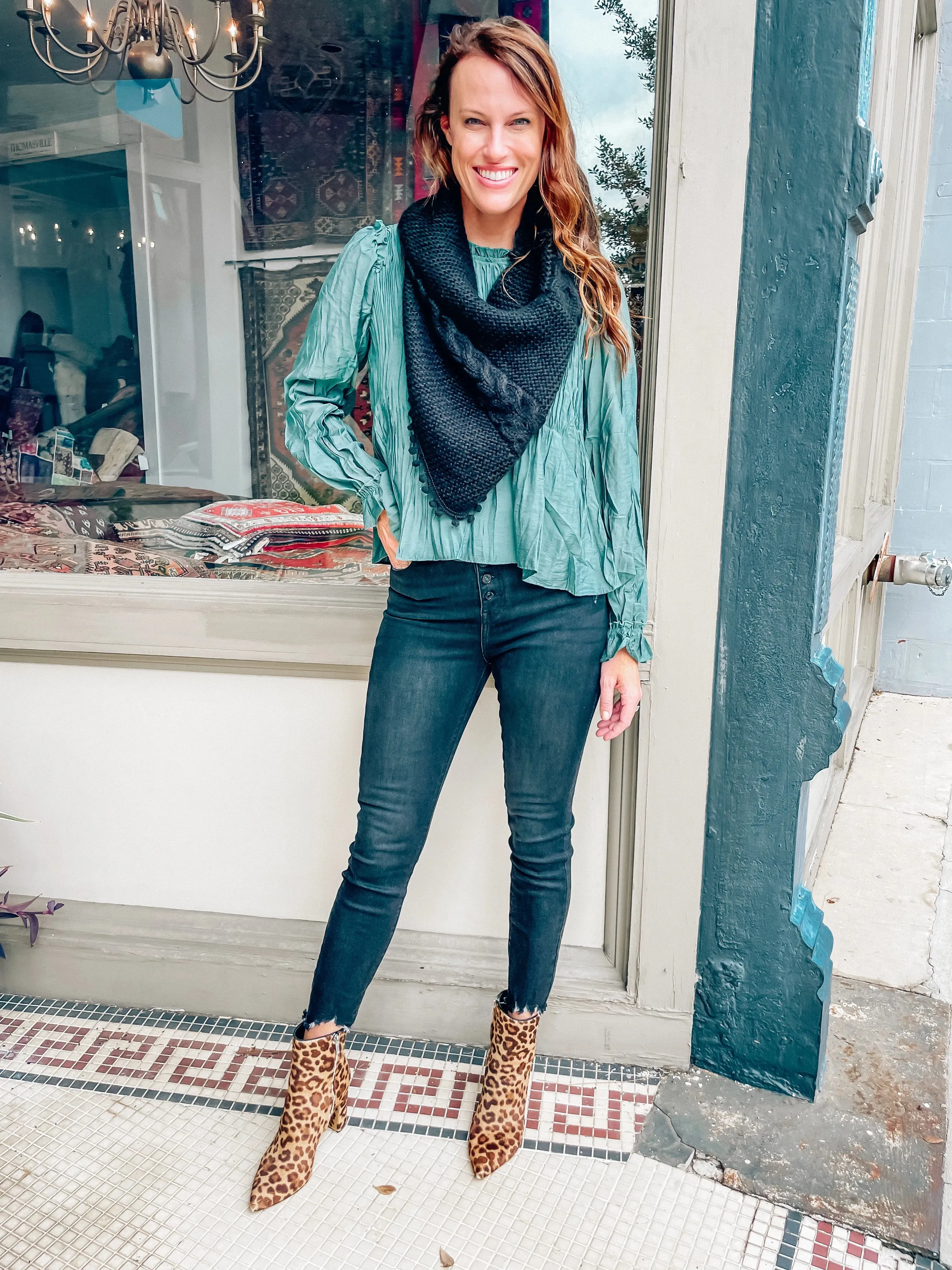 Aisha Loop Scarf with Pop Pom Trim BLACK
