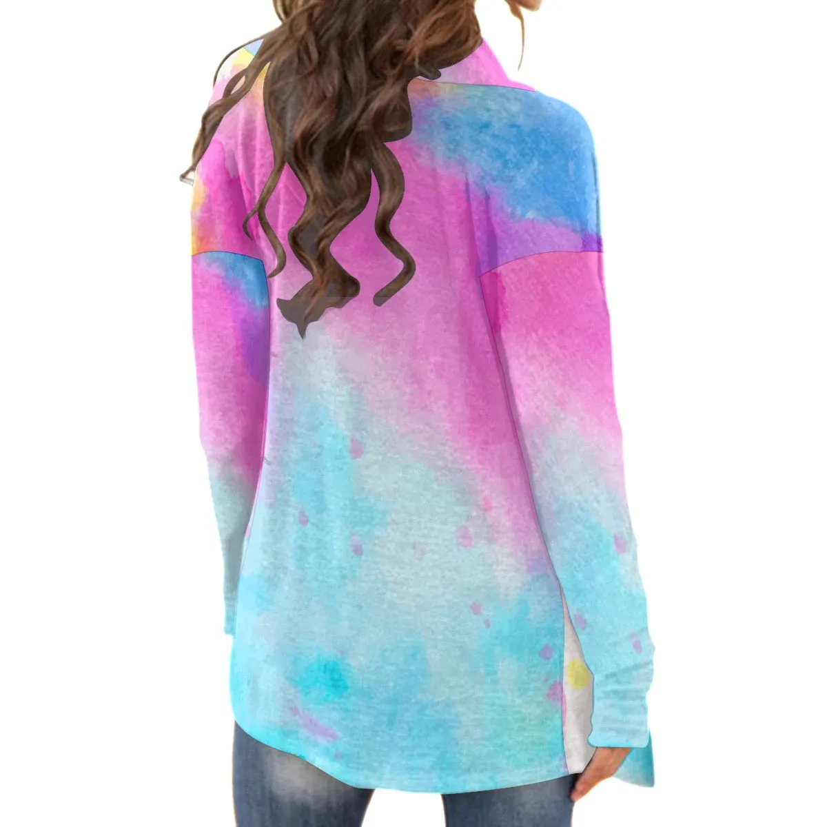 All-Over Print Women's Cardigan With Long Sleeve 70 pink and turquoise print