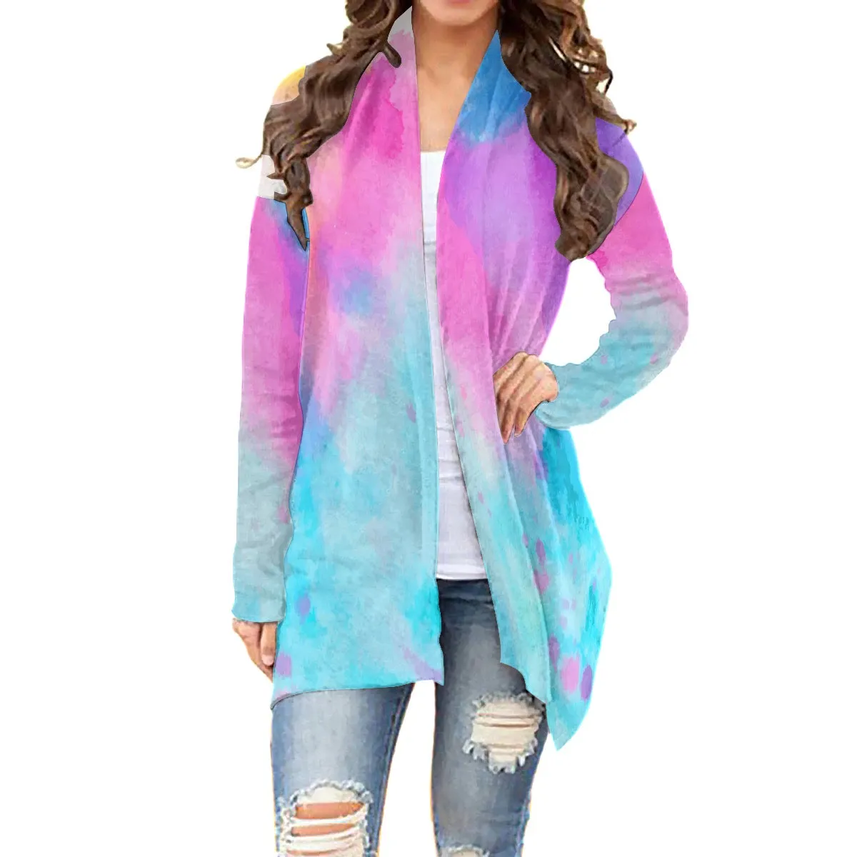 All-Over Print Women's Cardigan With Long Sleeve 70 pink and turquoise print