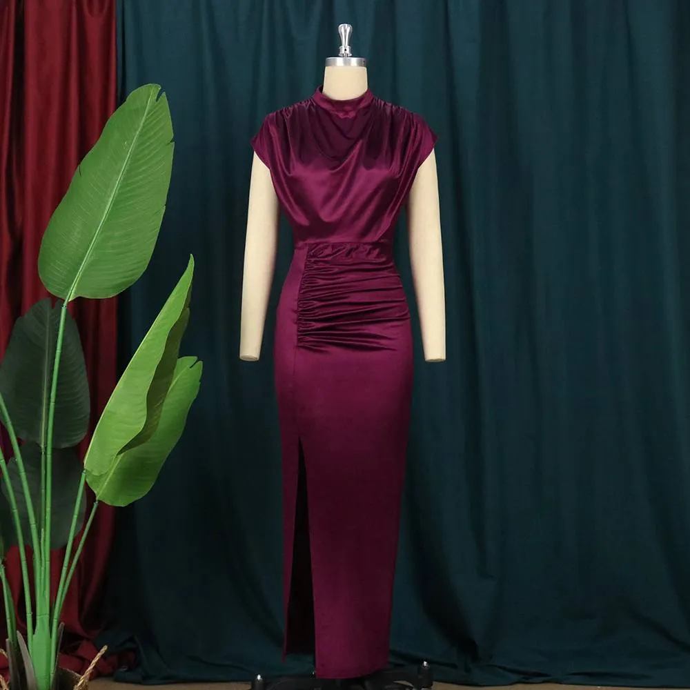 AOMEIDRESS Bodycon Long Dress Women Ruched Slit Cocktail Party Dresses