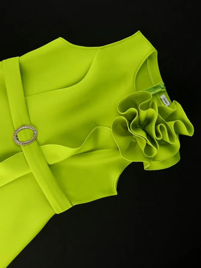 AOMEIDRESS Green O Neck Big Flower Sleeveless Ruffles A-Line Dress