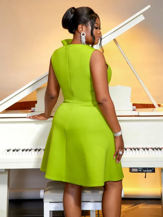 AOMEIDRESS Green O Neck Big Flower Sleeveless Ruffles A-Line Dress
