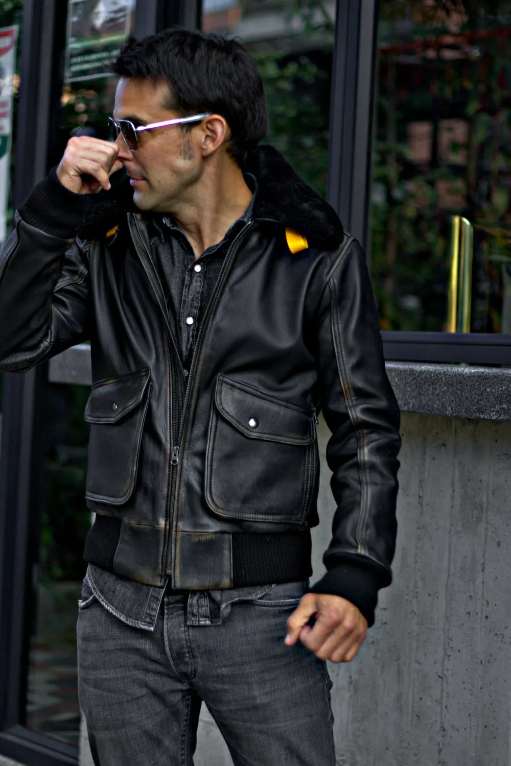 B52 PILOT Leather Jacket - Distressed Black- Shearling