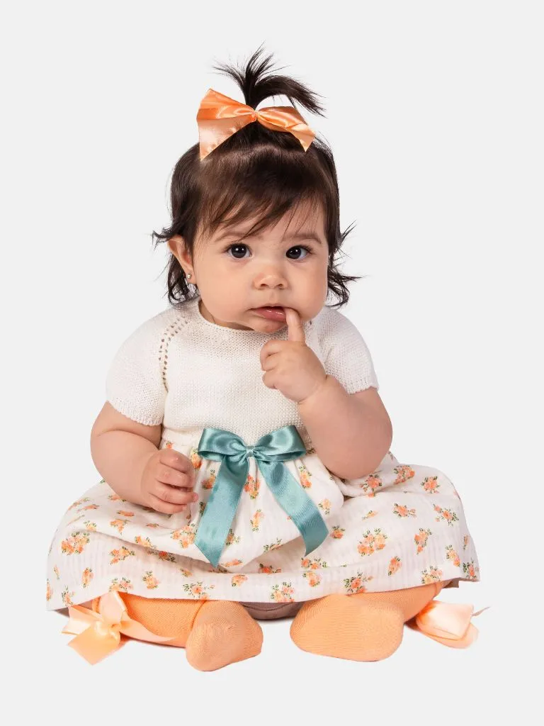 Baby Girl Nova Collection Half Knitted Spanish Dress-Cream/Ivory & Orange Floral