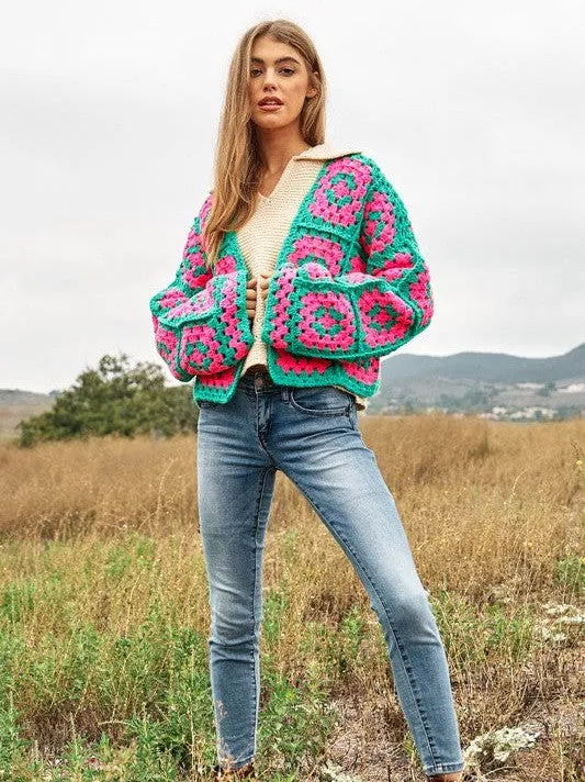 Bohemian Showcase Two-Tone Floral Square Crochet Cropped Open Cardigan