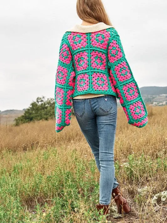Bohemian Showcase Two-Tone Floral Square Crochet Cropped Open Cardigan