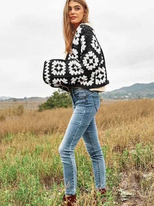 Bohemian Showcase Two-Tone Floral Square Crochet Cropped Open Cardigan
