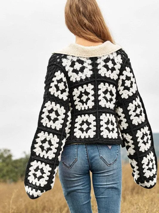 Bohemian Showcase Two-Tone Floral Square Crochet Cropped Open Cardigan