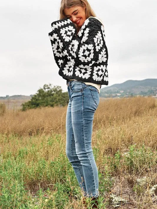 Bohemian Showcase Two-Tone Floral Square Crochet Cropped Open Cardigan