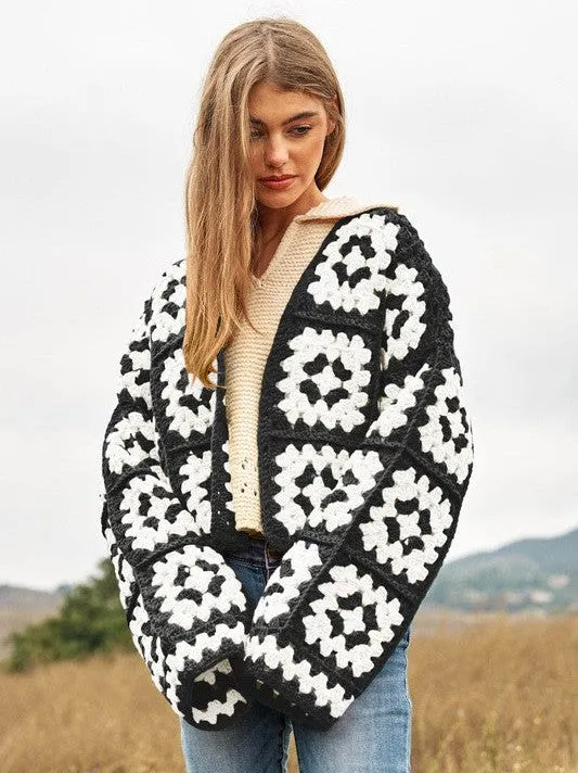 Bohemian Showcase Two-Tone Floral Square Crochet Cropped Open Cardigan