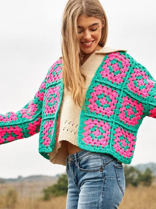 Bohemian Showcase Two-Tone Floral Square Crochet Cropped Open Cardigan