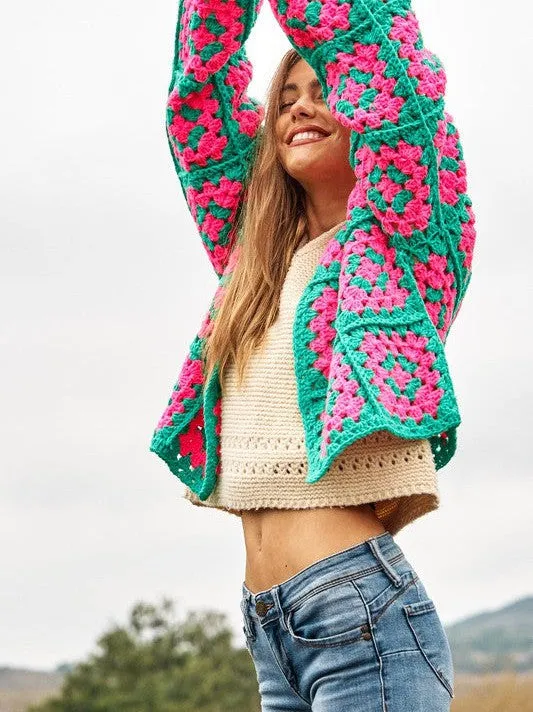 Bohemian Showcase Two-Tone Floral Square Crochet Cropped Open Cardigan