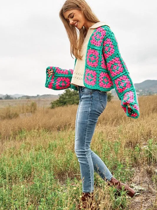 Bohemian Showcase Two-Tone Floral Square Crochet Cropped Open Cardigan