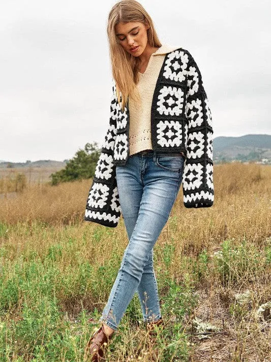 Bohemian Showcase Two-Tone Floral Square Crochet Cropped Open Cardigan