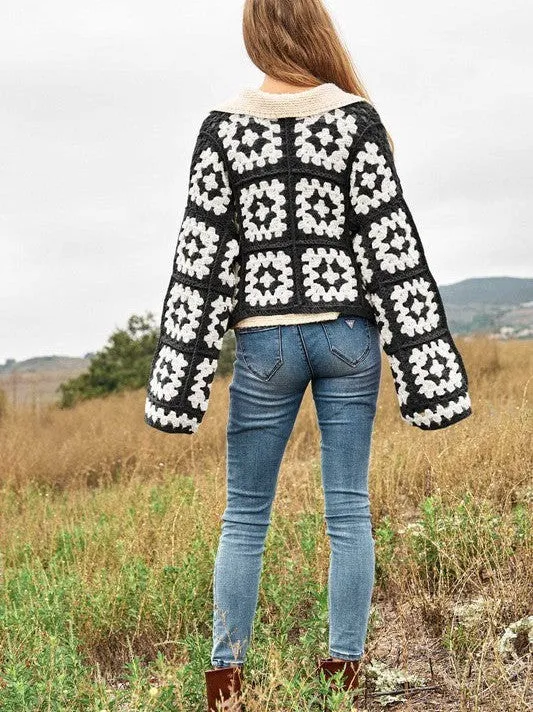 Bohemian Showcase Two-Tone Floral Square Crochet Cropped Open Cardigan