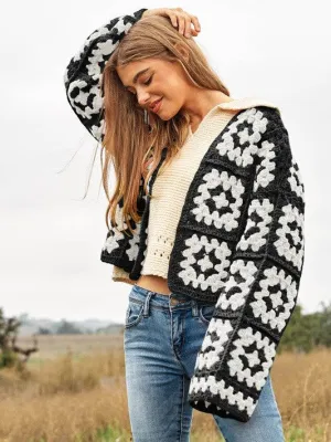 Bohemian Showcase Two-Tone Floral Square Crochet Cropped Open Cardigan