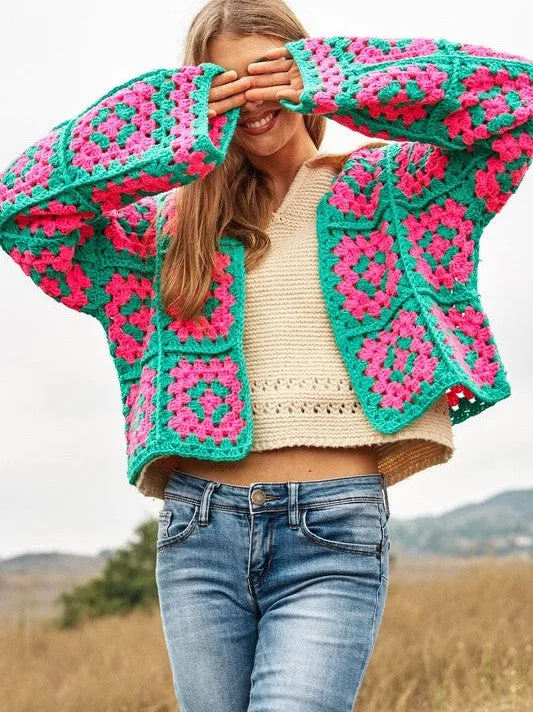 Bohemian Showcase Two-Tone Floral Square Crochet Cropped Open Cardigan