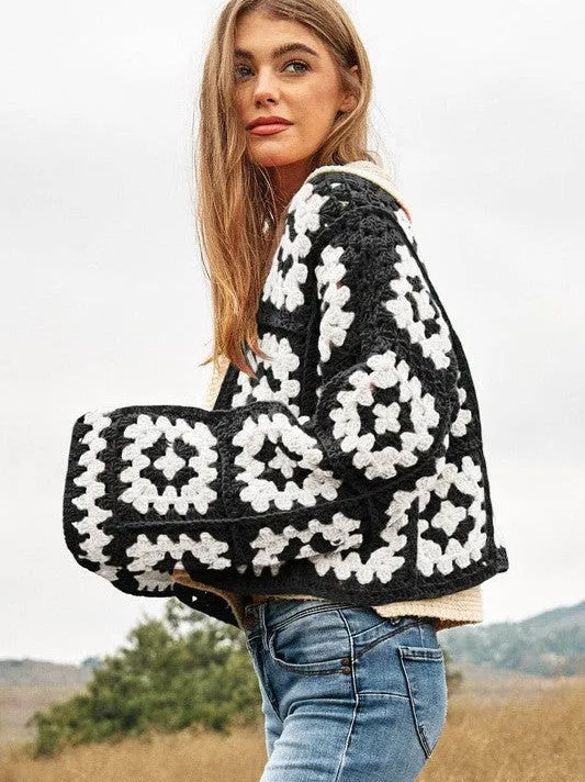 Bohemian Showcase Two-Tone Floral Square Crochet Cropped Open Cardigan