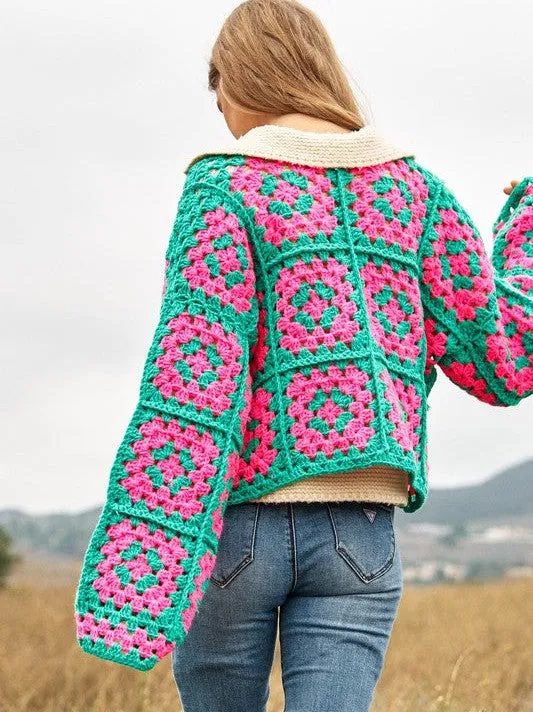 Bohemian Showcase Two-Tone Floral Square Crochet Cropped Open Cardigan