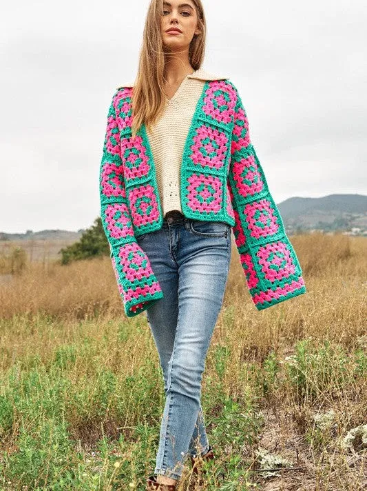 Bohemian Showcase Two-Tone Floral Square Crochet Cropped Open Cardigan