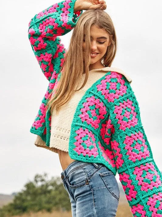 Bohemian Showcase Two-Tone Floral Square Crochet Cropped Open Cardigan
