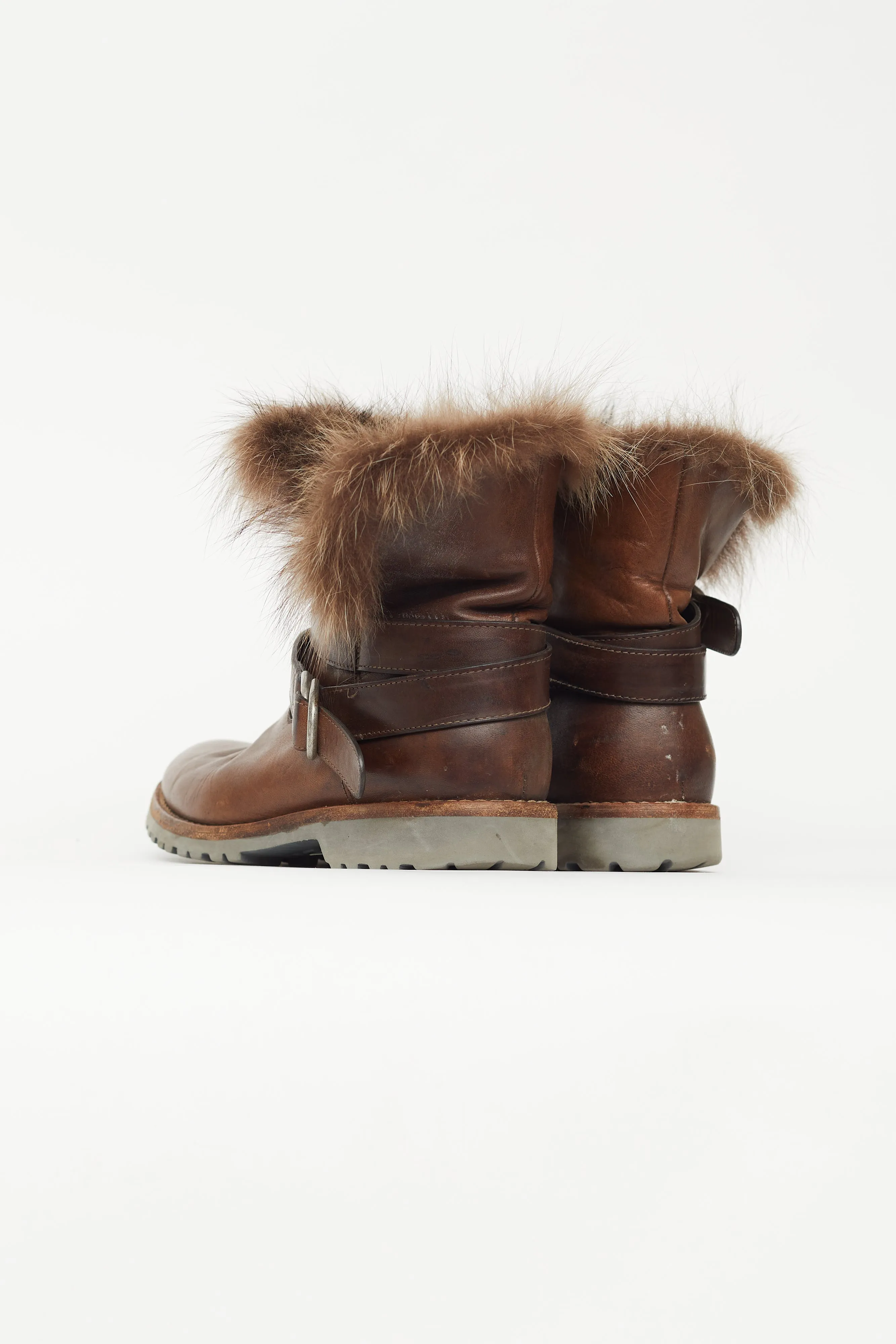 Brown Leather Fur Trim Ankle Boot