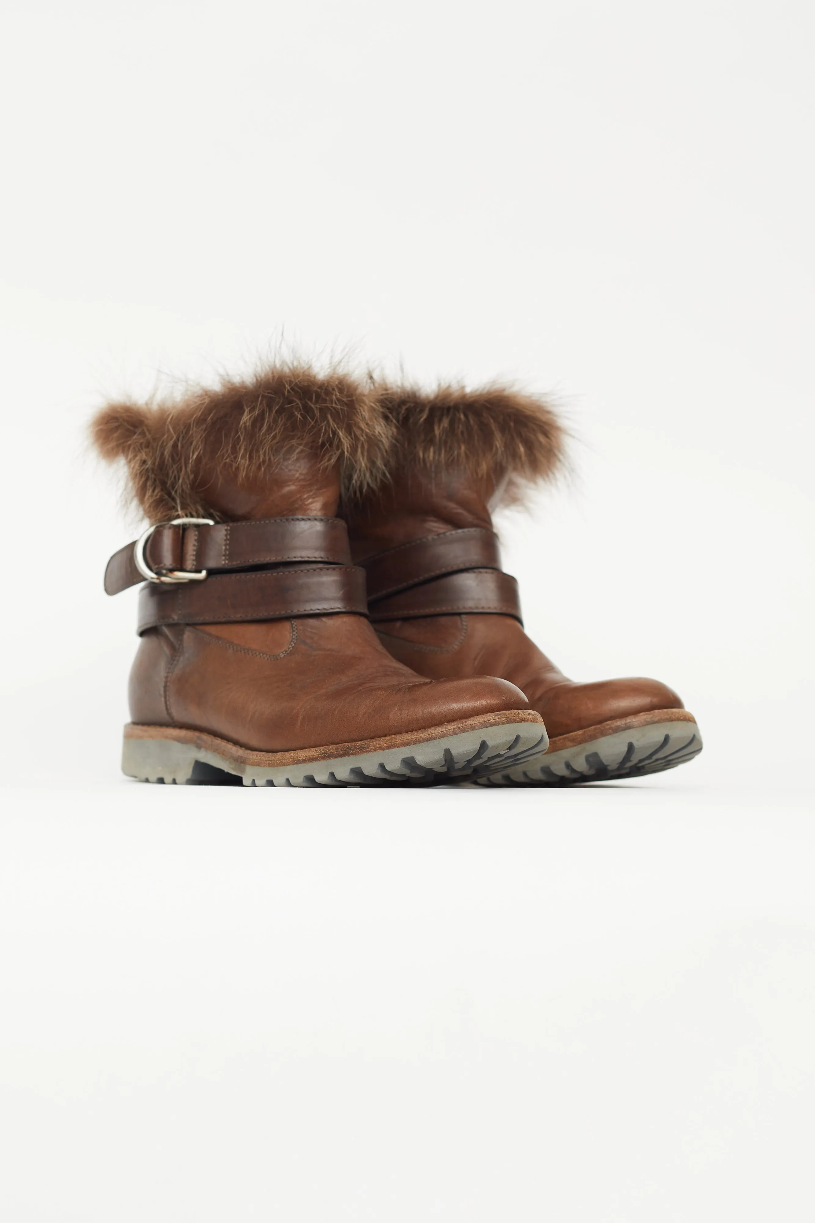 Brown Leather Fur Trim Ankle Boot