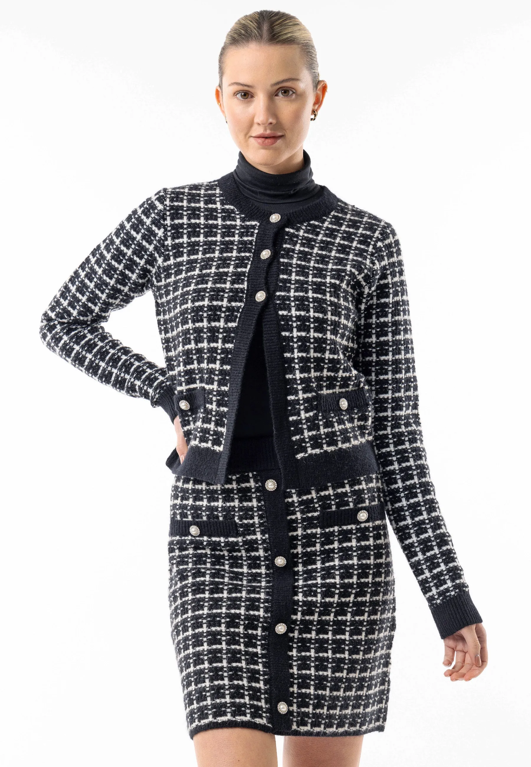 Checkered Knit Cardigan and Skirt Co-Ord Set in Black & White
