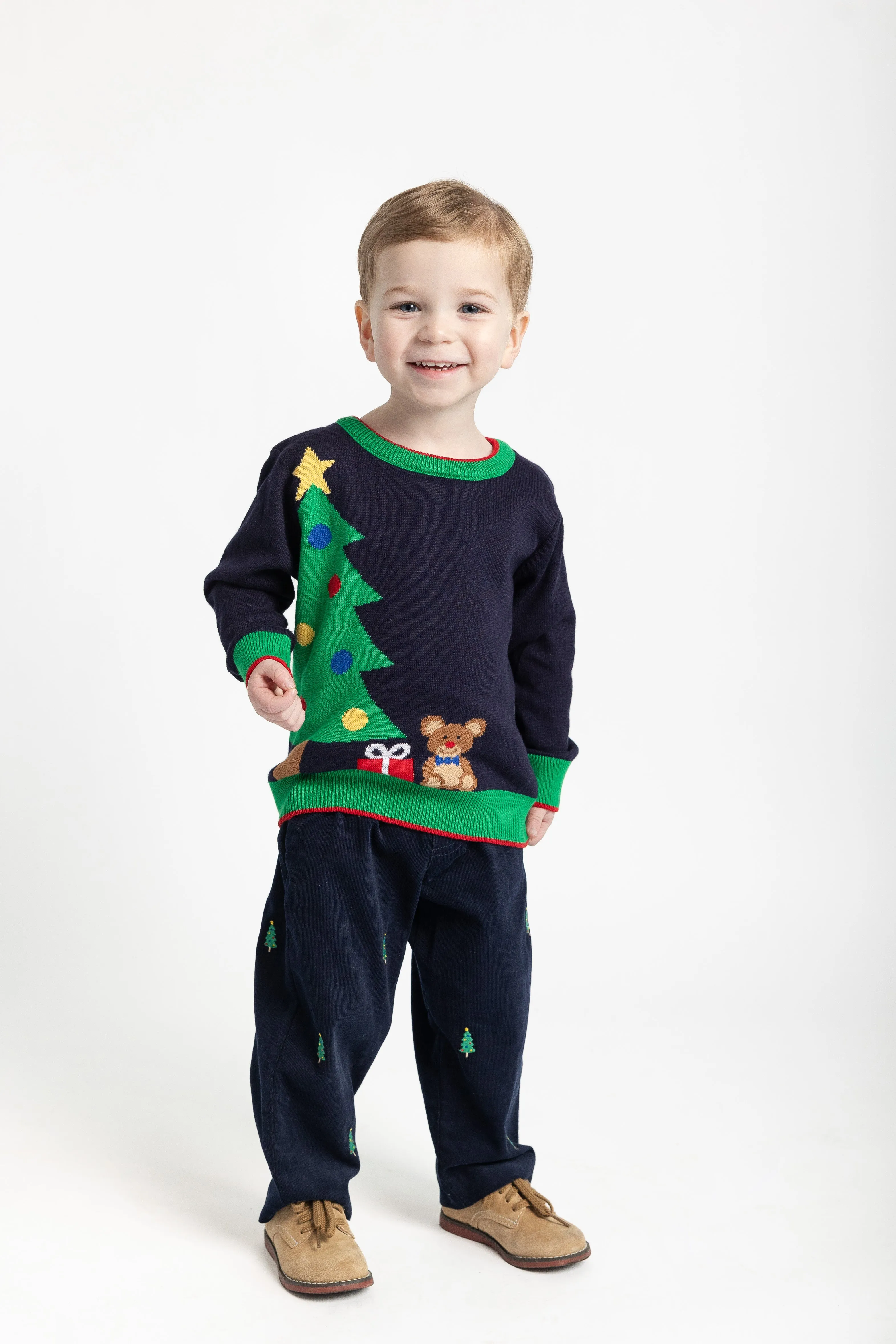 Corduroy Fake Fly Pants with Christmas Trees