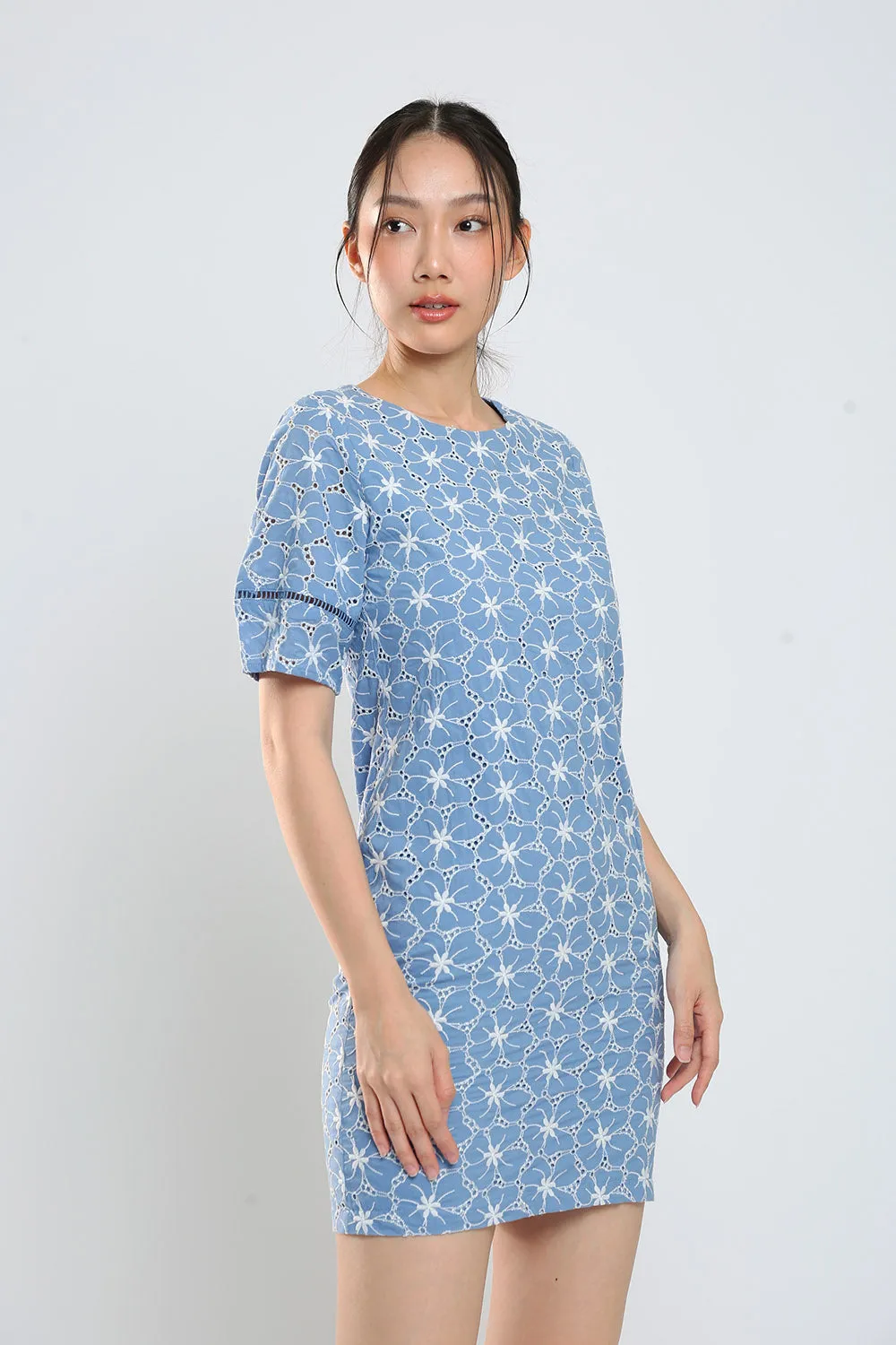 Corey Midi Dress in Blue Eyelet