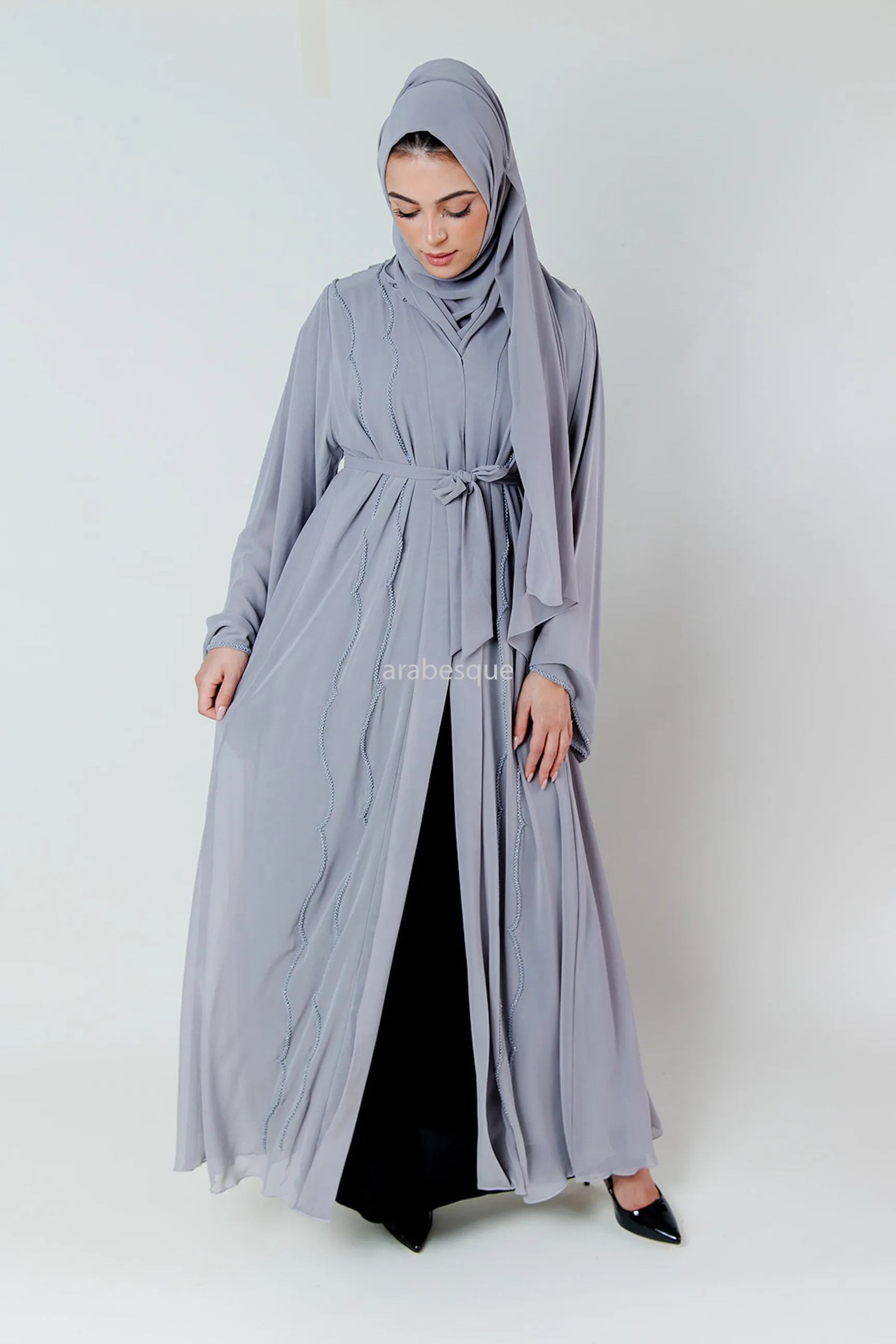Crystal Embellished Chiffon Open Abaya with Pleated Back - 4 Colours