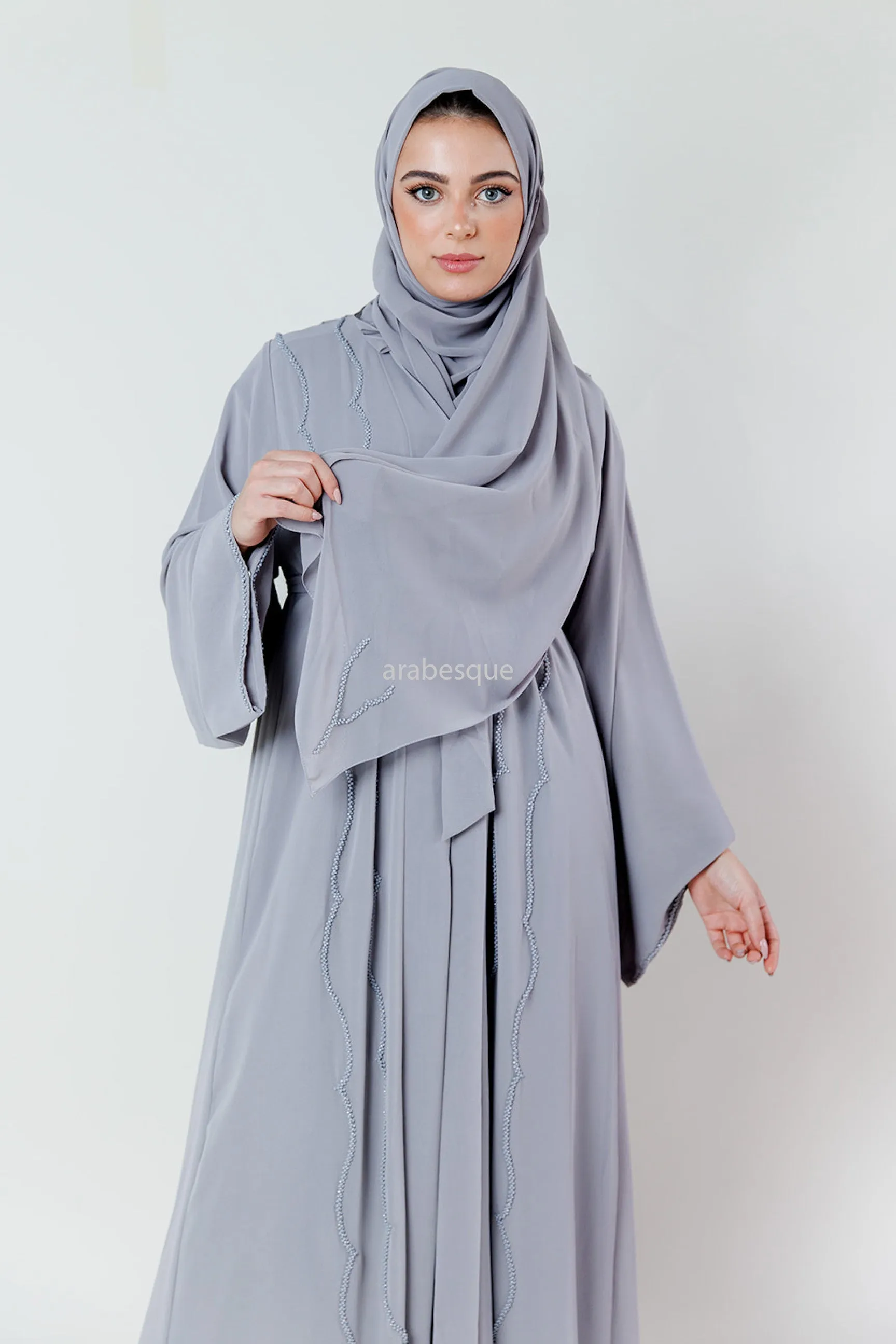 Crystal Embellished Chiffon Open Abaya with Pleated Back - 4 Colours