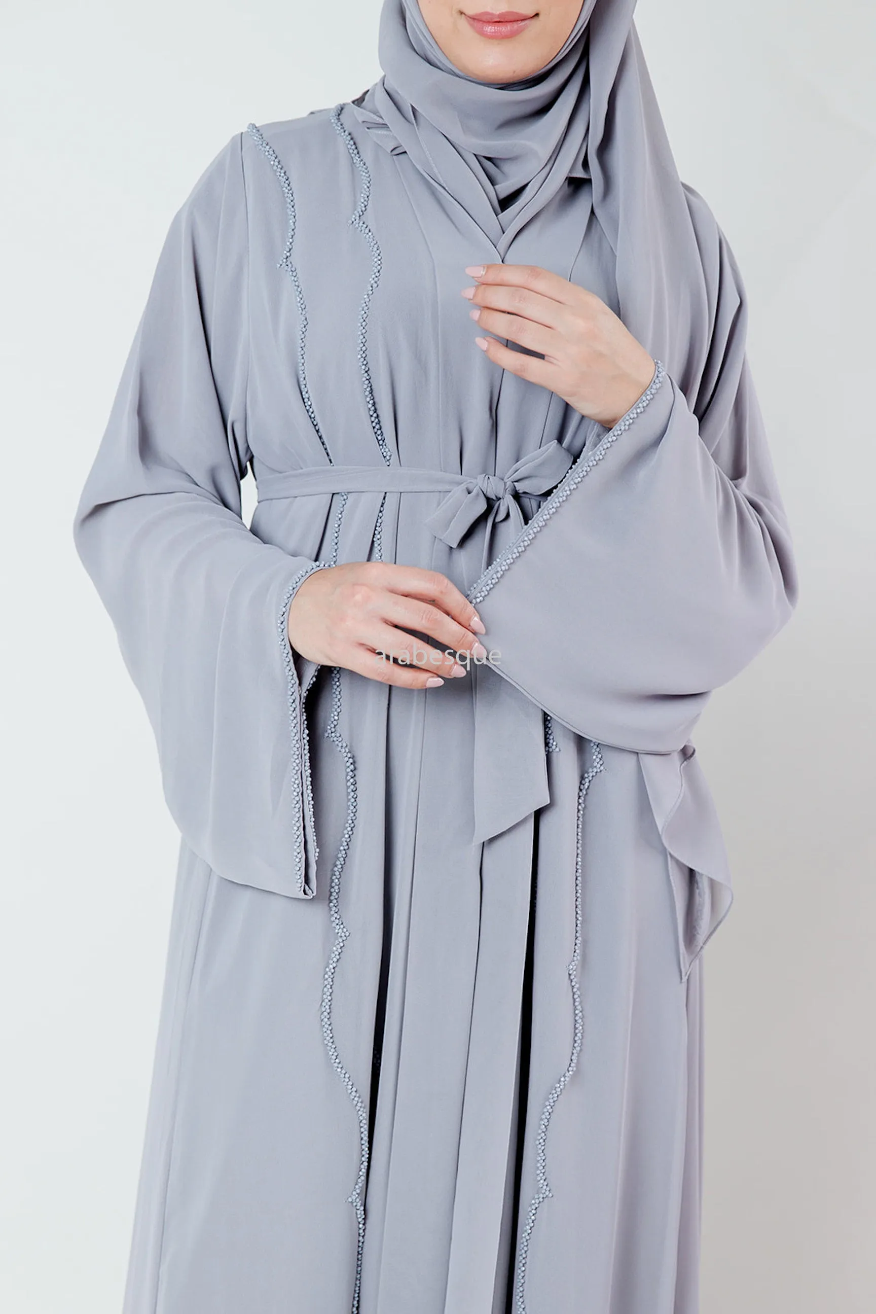 Crystal Embellished Chiffon Open Abaya with Pleated Back - 4 Colours