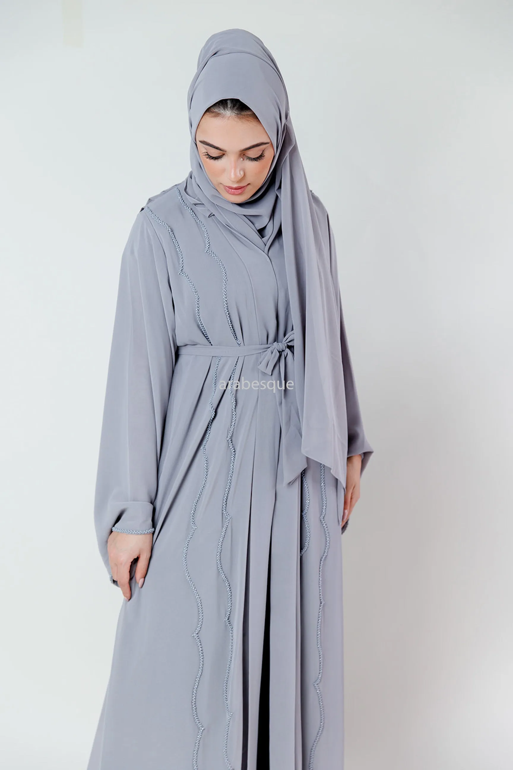 Crystal Embellished Chiffon Open Abaya with Pleated Back - 4 Colours