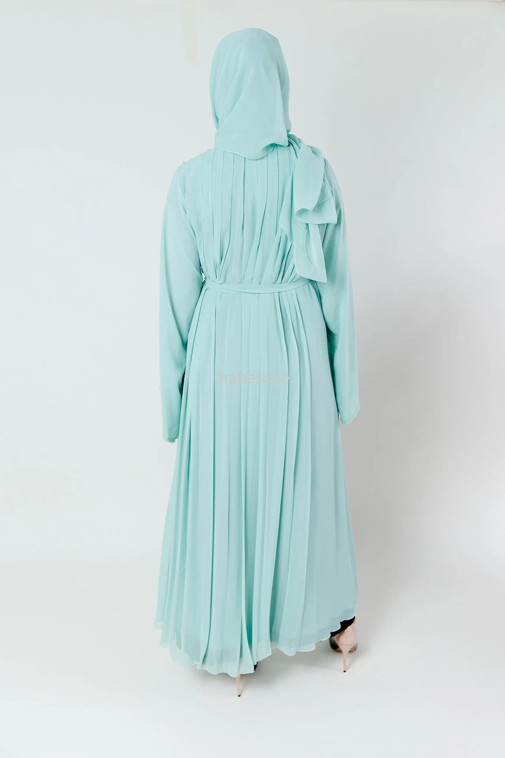 Crystal Embellished Chiffon Open Abaya with Pleated Back - 4 Colours
