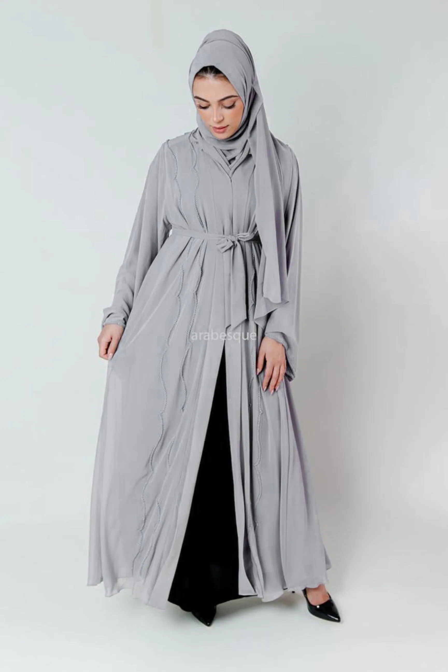 Crystal Embellished Chiffon Open Abaya with Pleated Back - 4 Colours