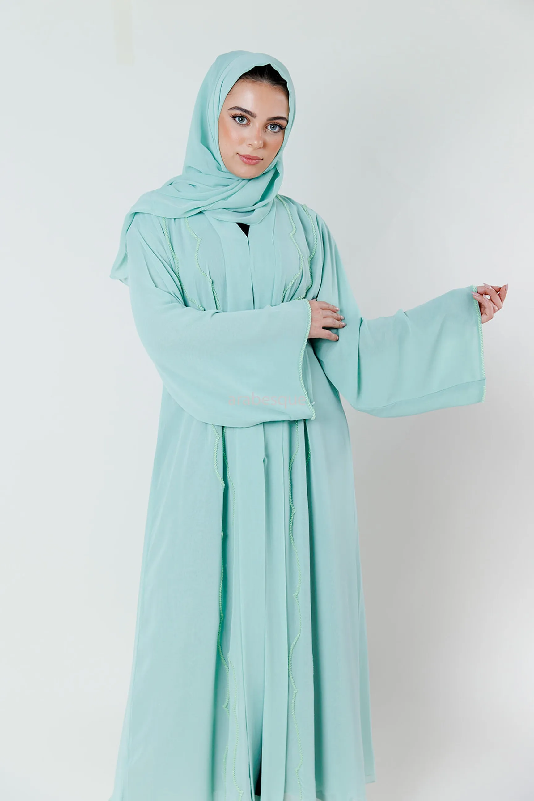 Crystal Embellished Chiffon Open Abaya with Pleated Back - 4 Colours