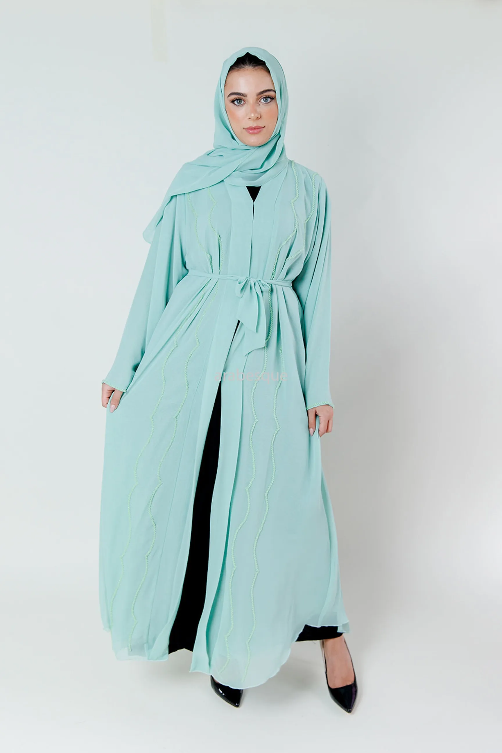 Crystal Embellished Chiffon Open Abaya with Pleated Back - 4 Colours