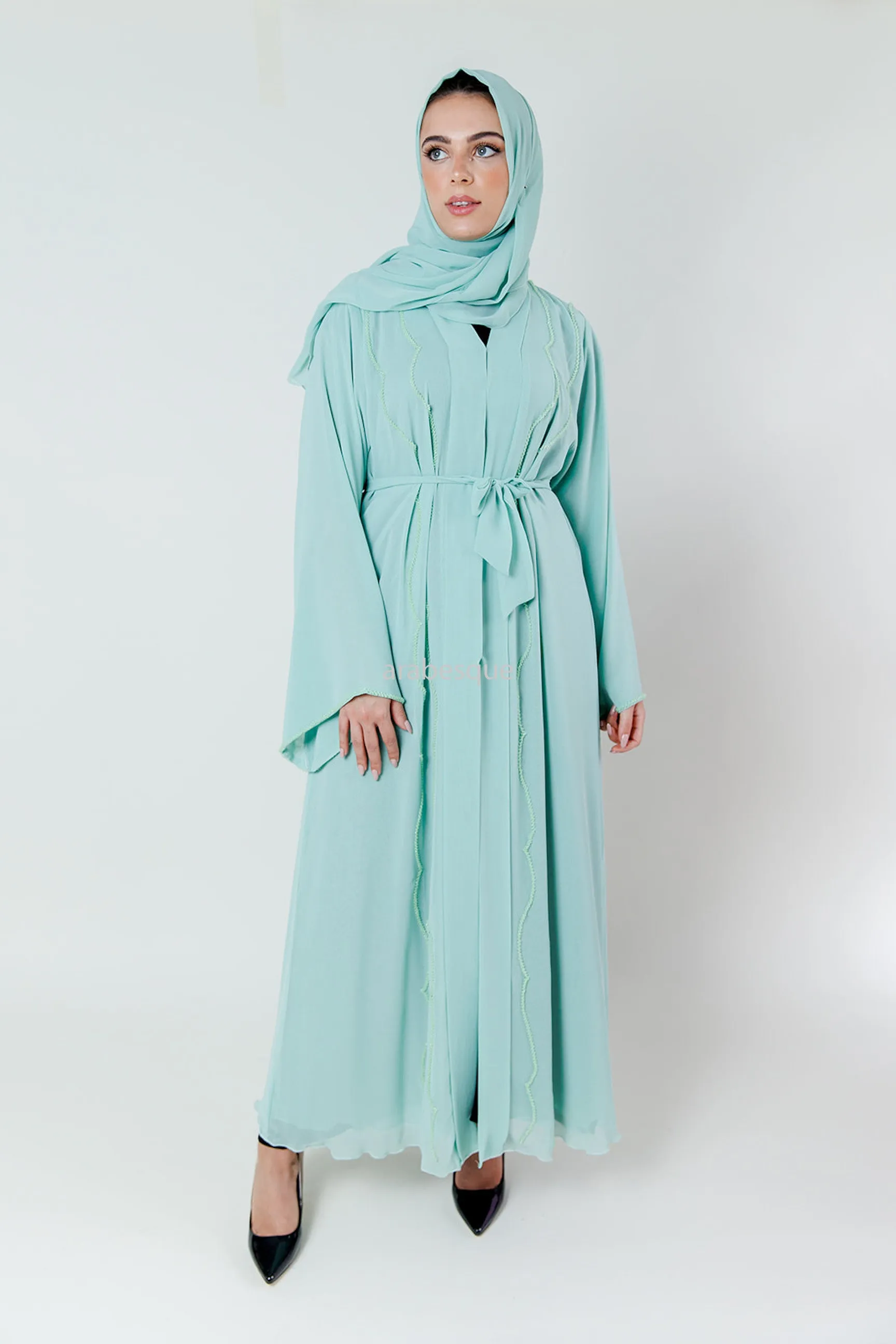 Crystal Embellished Chiffon Open Abaya with Pleated Back - 4 Colours