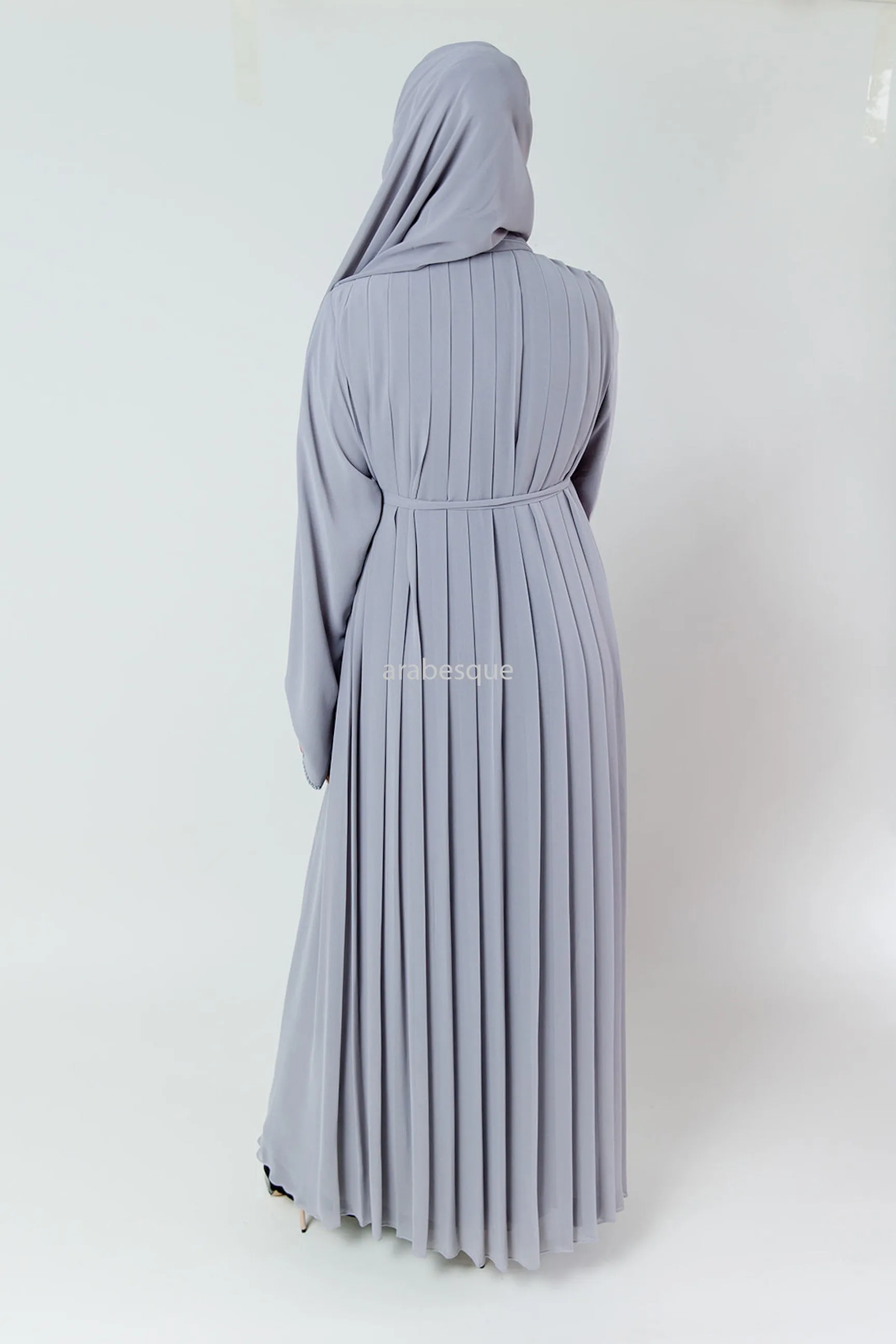 Crystal Embellished Chiffon Open Abaya with Pleated Back - 4 Colours