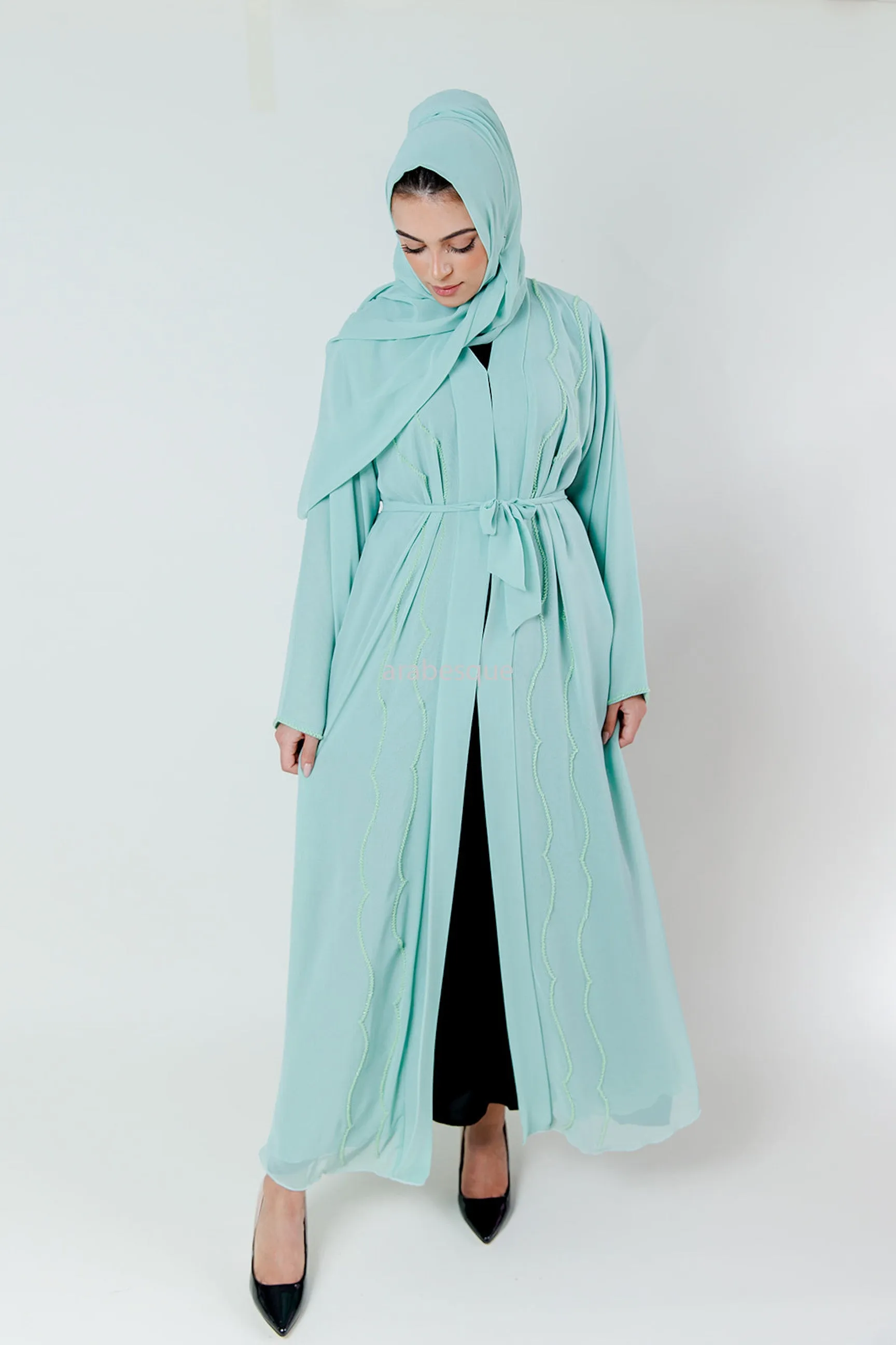 Crystal Embellished Chiffon Open Abaya with Pleated Back - 4 Colours