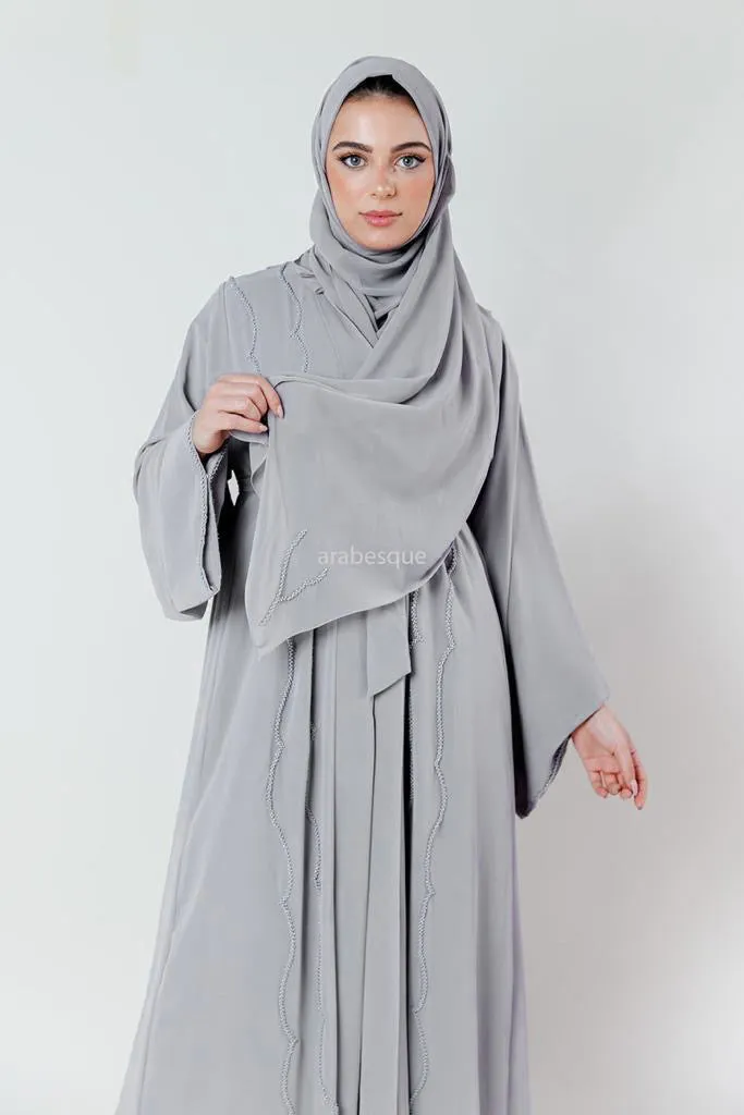 Crystal Embellished Chiffon Open Abaya with Pleated Back - 4 Colours