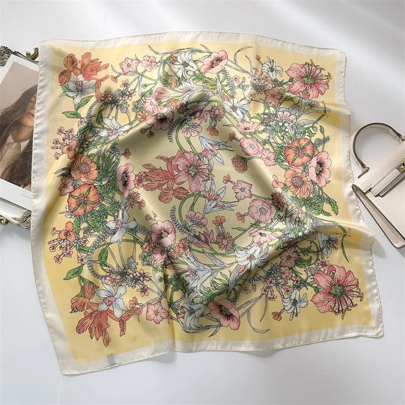 Elegant Light Yellow 70cm square scarf, Silk textured scarf, Sun protection satin scarf, Neck scarf, Satin Shawl, Gift