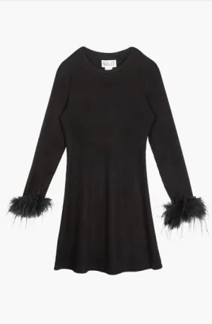 Faux Feather Trim Long Sleeve Rib Sweater Dress