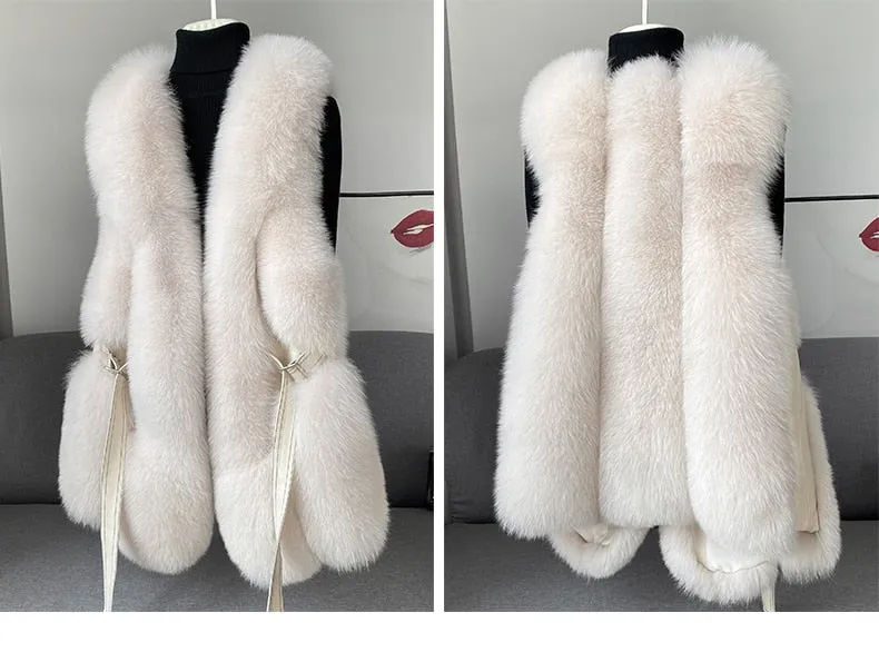 Fox Fur Vest Long Genuine Leather Waist Coat