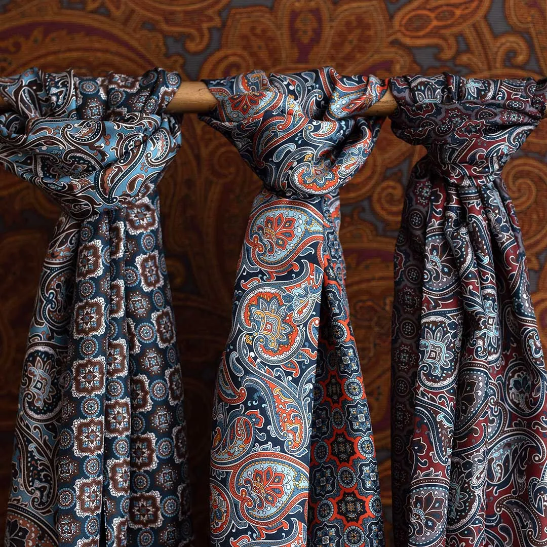 Light Blue with Brown Paisley and Medallions Silk Scarf