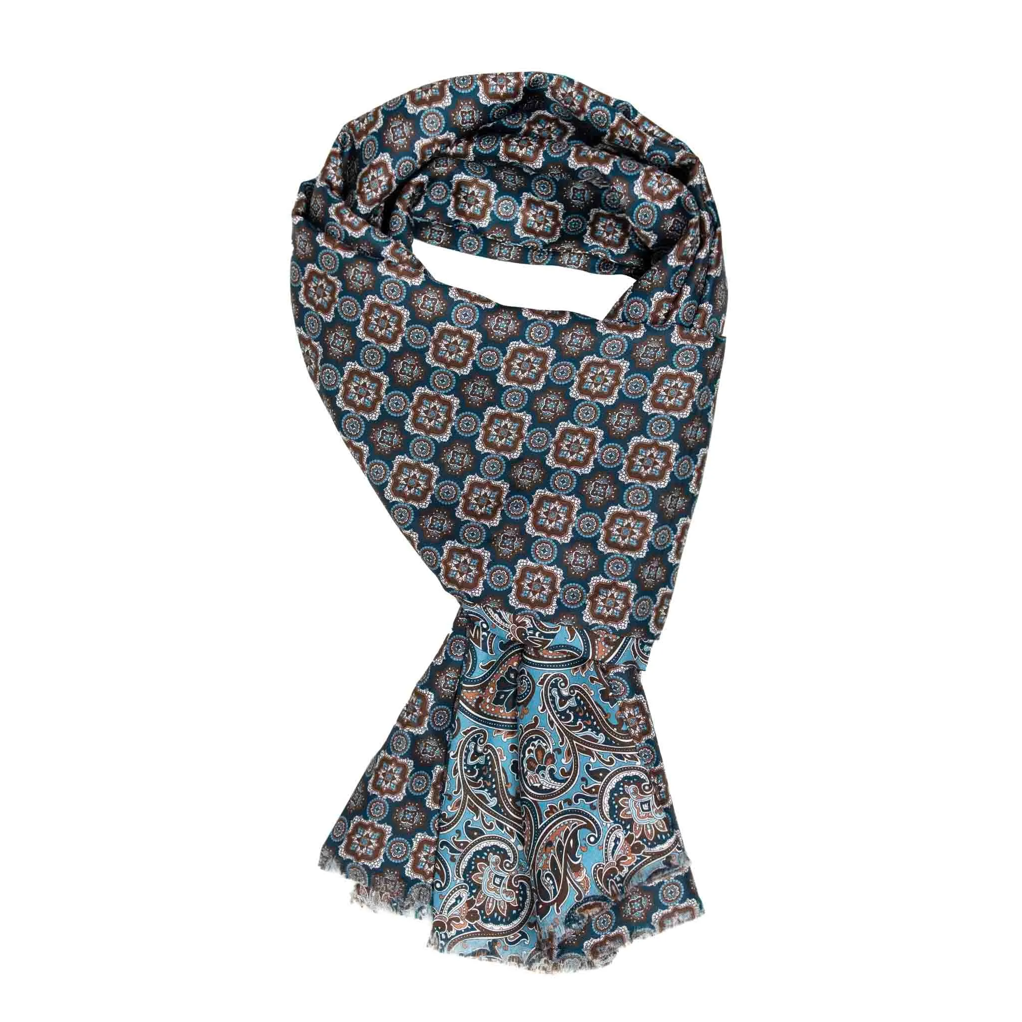 Light Blue with Brown Paisley and Medallions Silk Scarf